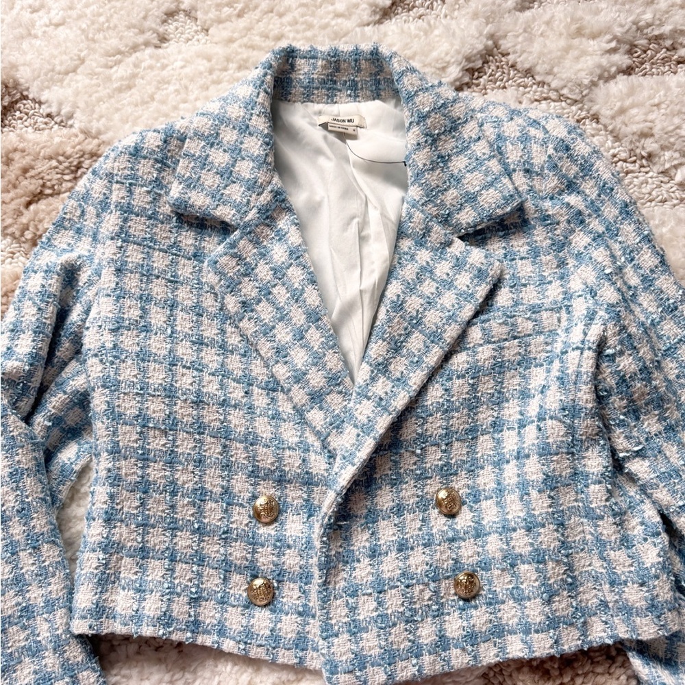 Jason Wu tweed crop plaid check blue white blazer 8 - Picture 3 of 9